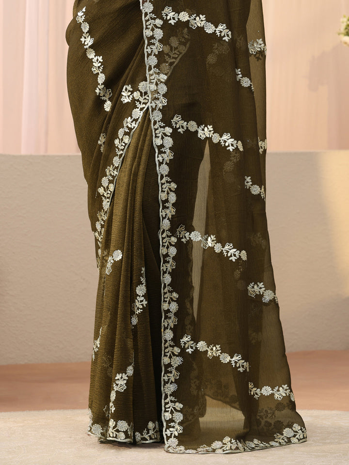 Brown Floral Embroidered Tissue Saree