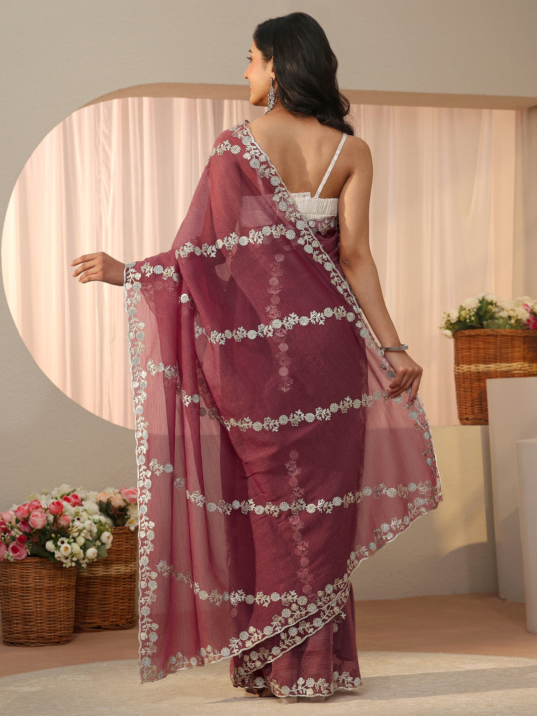 Pink Floral Embroidered Tissue Saree