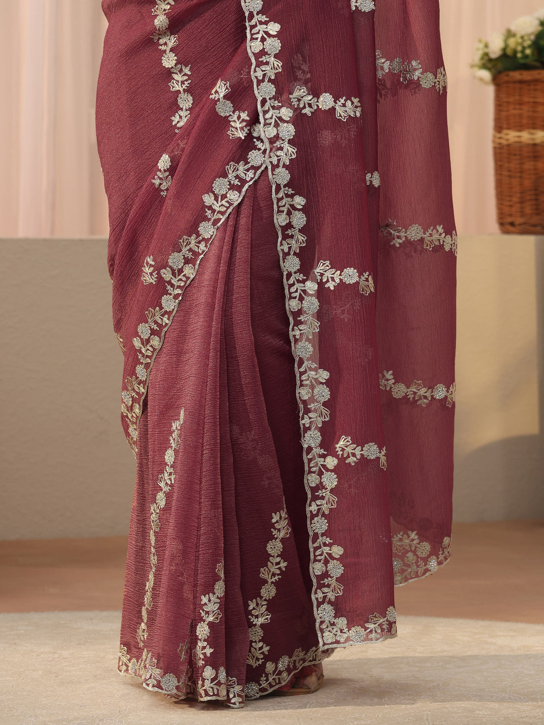 Pink Floral Embroidered Tissue Saree