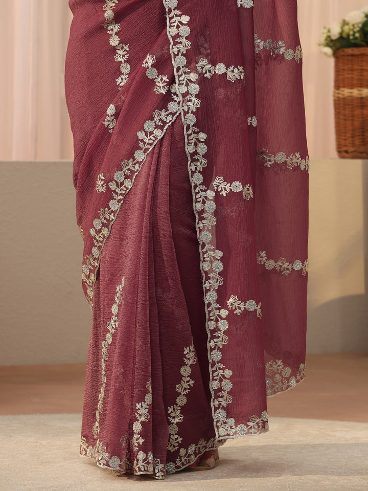 Pink Floral Embroidered Tissue Saree