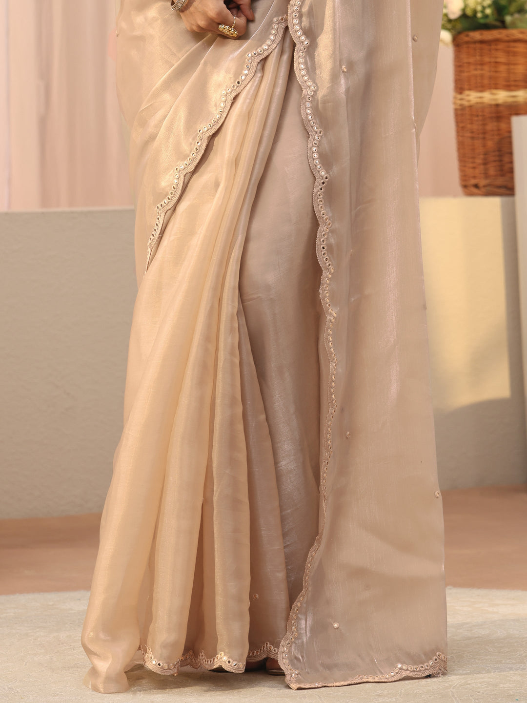 Libas Ivory Mirror Work Organza Saree