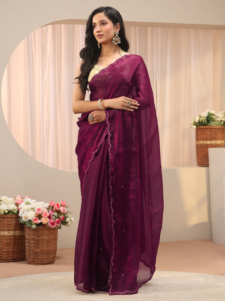 Maroon Mirror Work Organza Saree