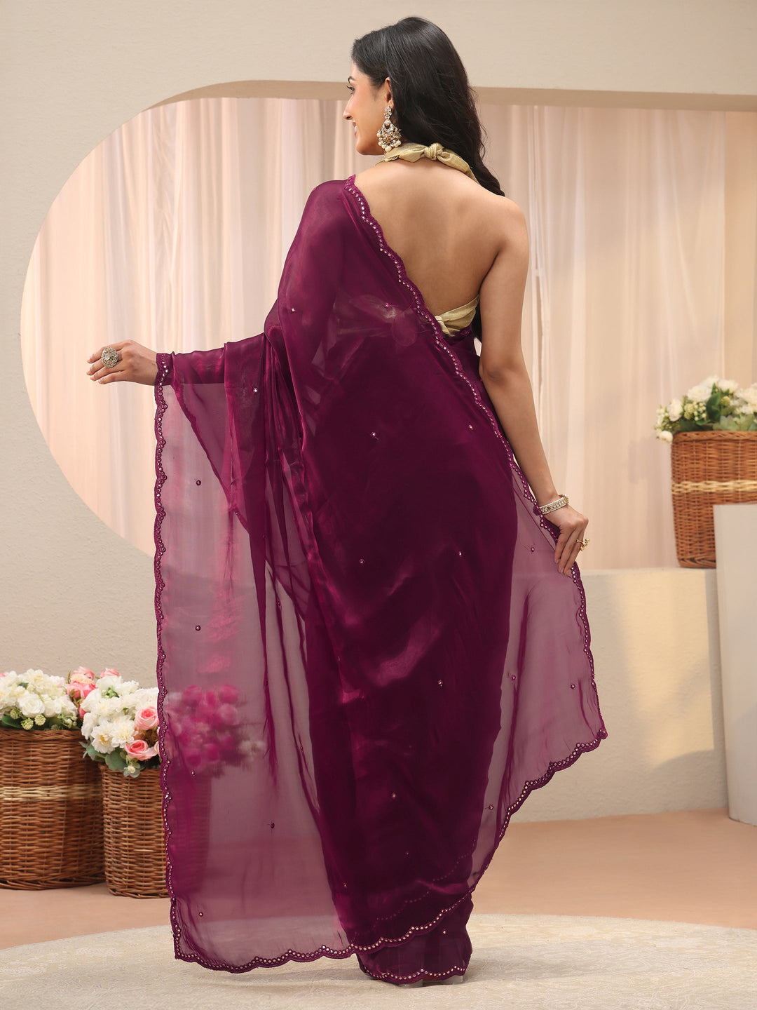 Maroon Mirror Work Organza Saree