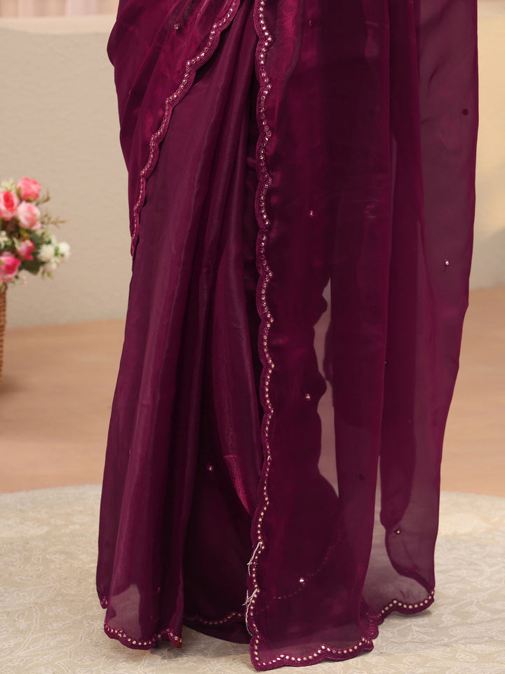 Maroon Mirror Work Organza Saree