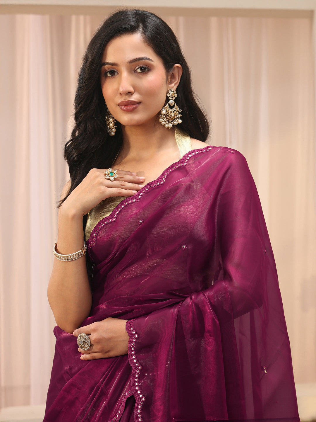 Maroon Mirror Work Organza Saree