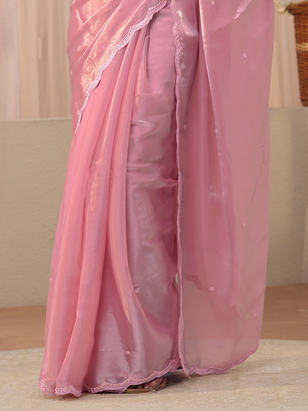 Pink Self Design Organza Saree