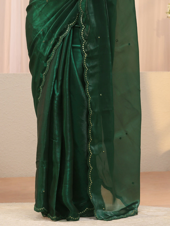 Green Mirror Work Organza Saree