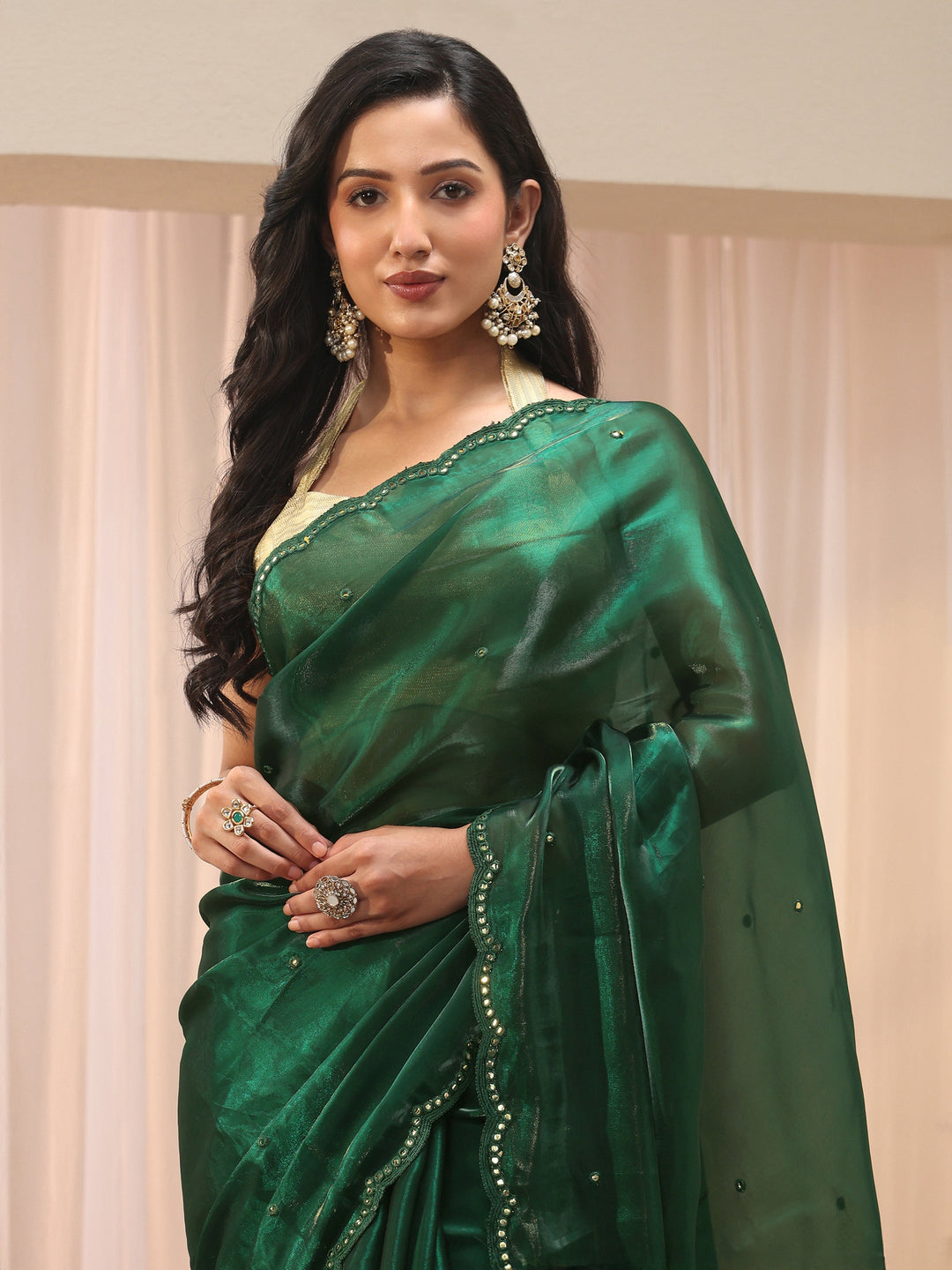 Green Mirror Work Organza Saree