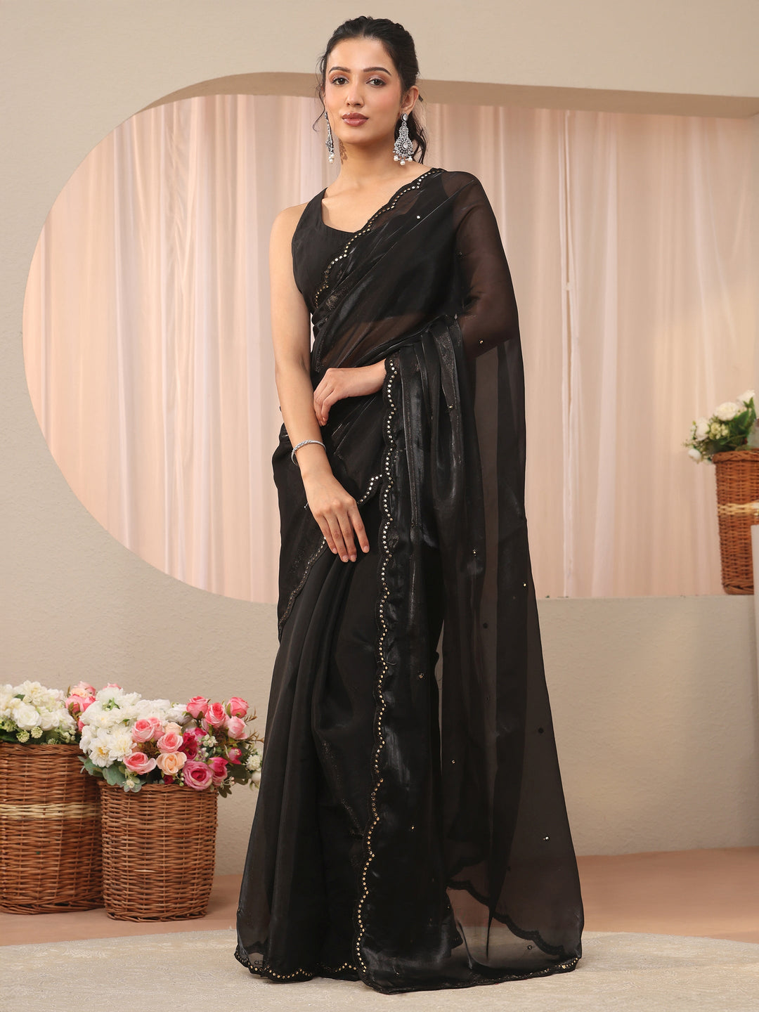 Black Self Design Organza Saree