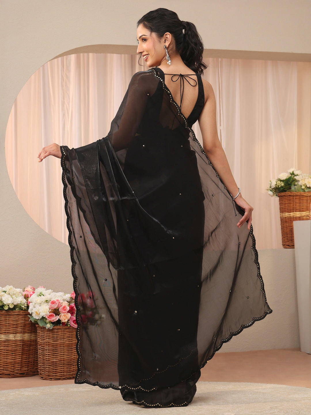 Black Self Design Organza Saree