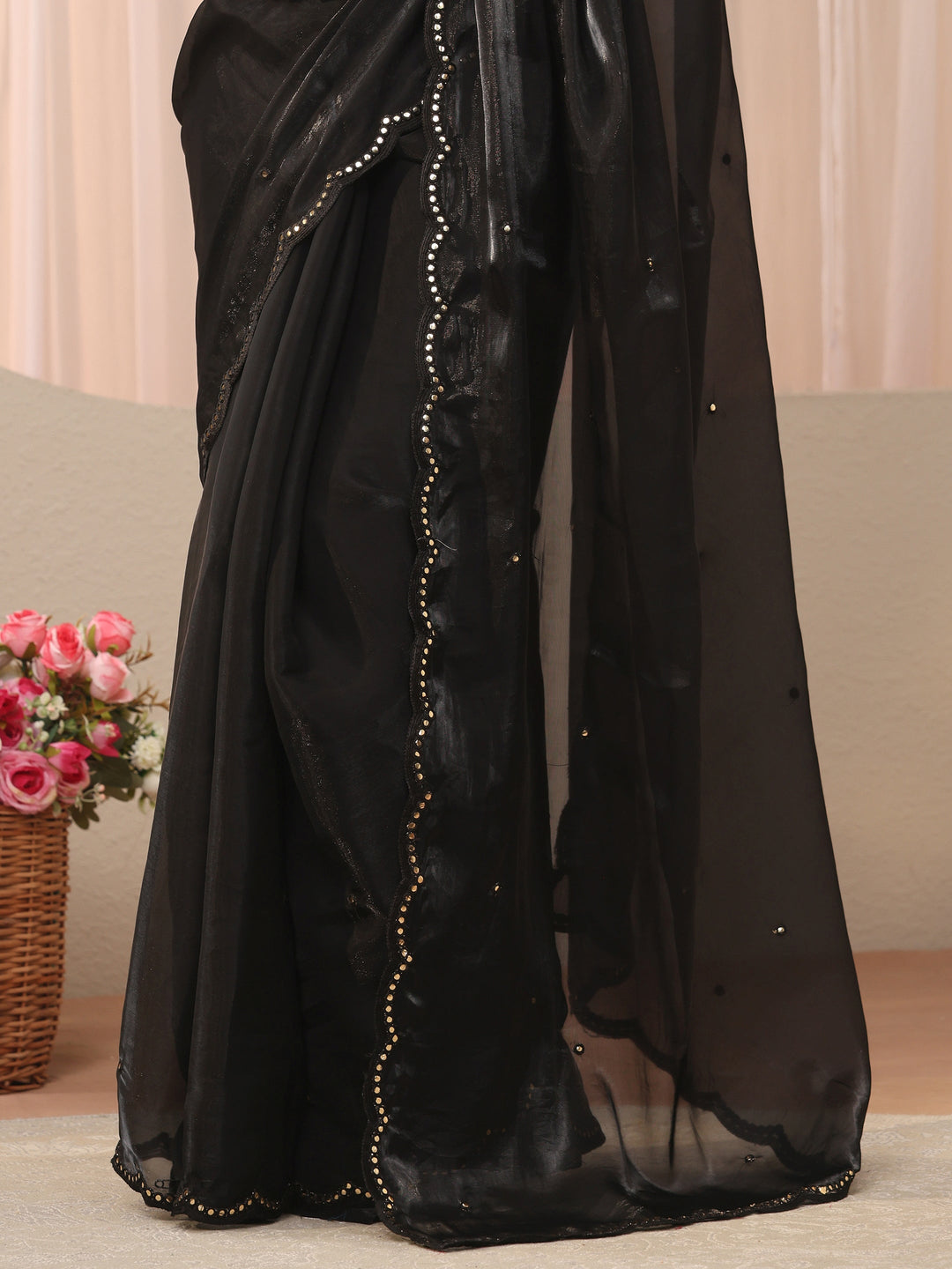 Black Self Design Organza Saree