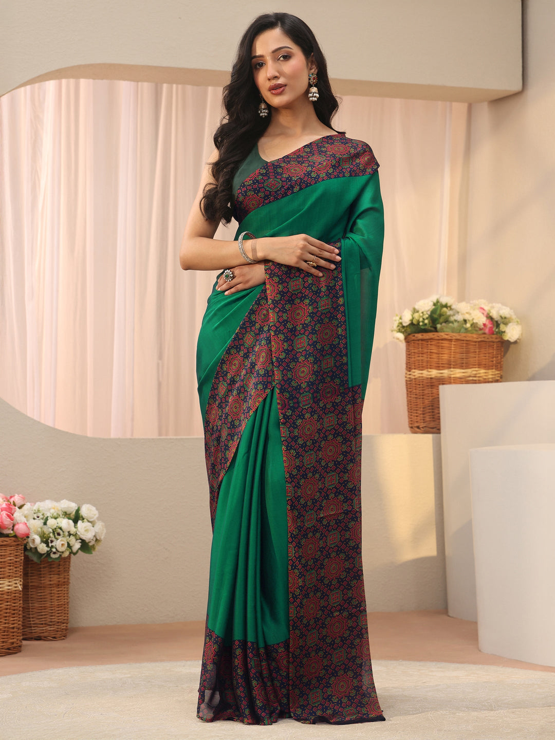 Green Chiffon Saree with Printed Border