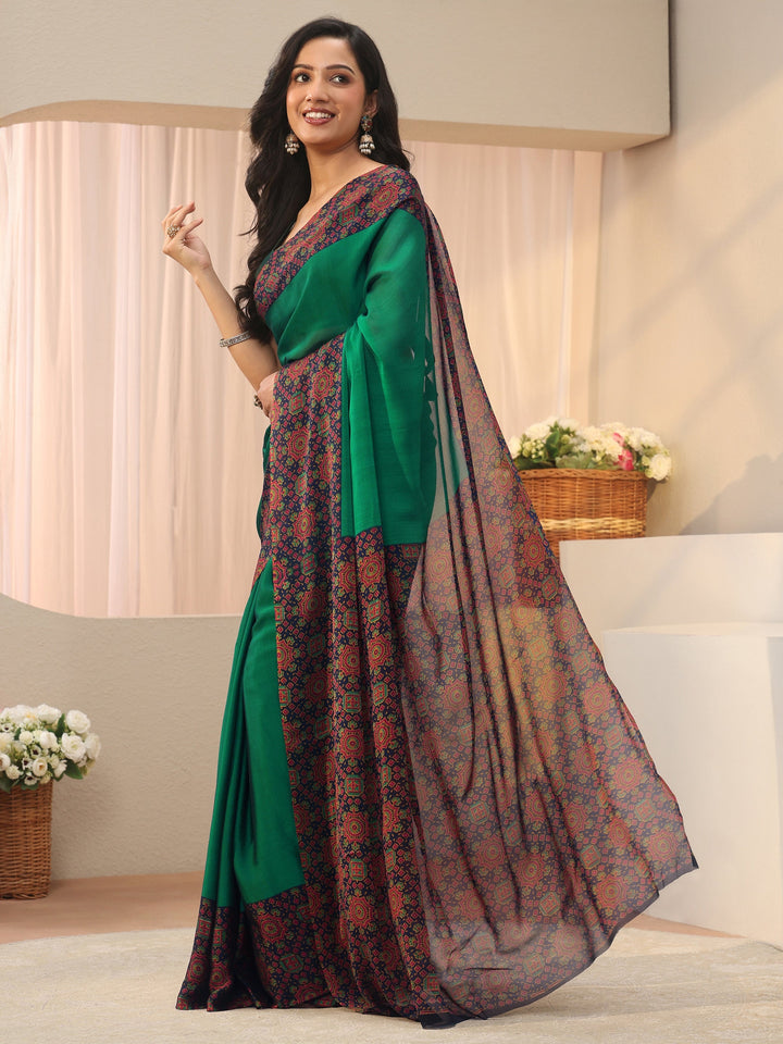 Green Chiffon Saree with Printed Border