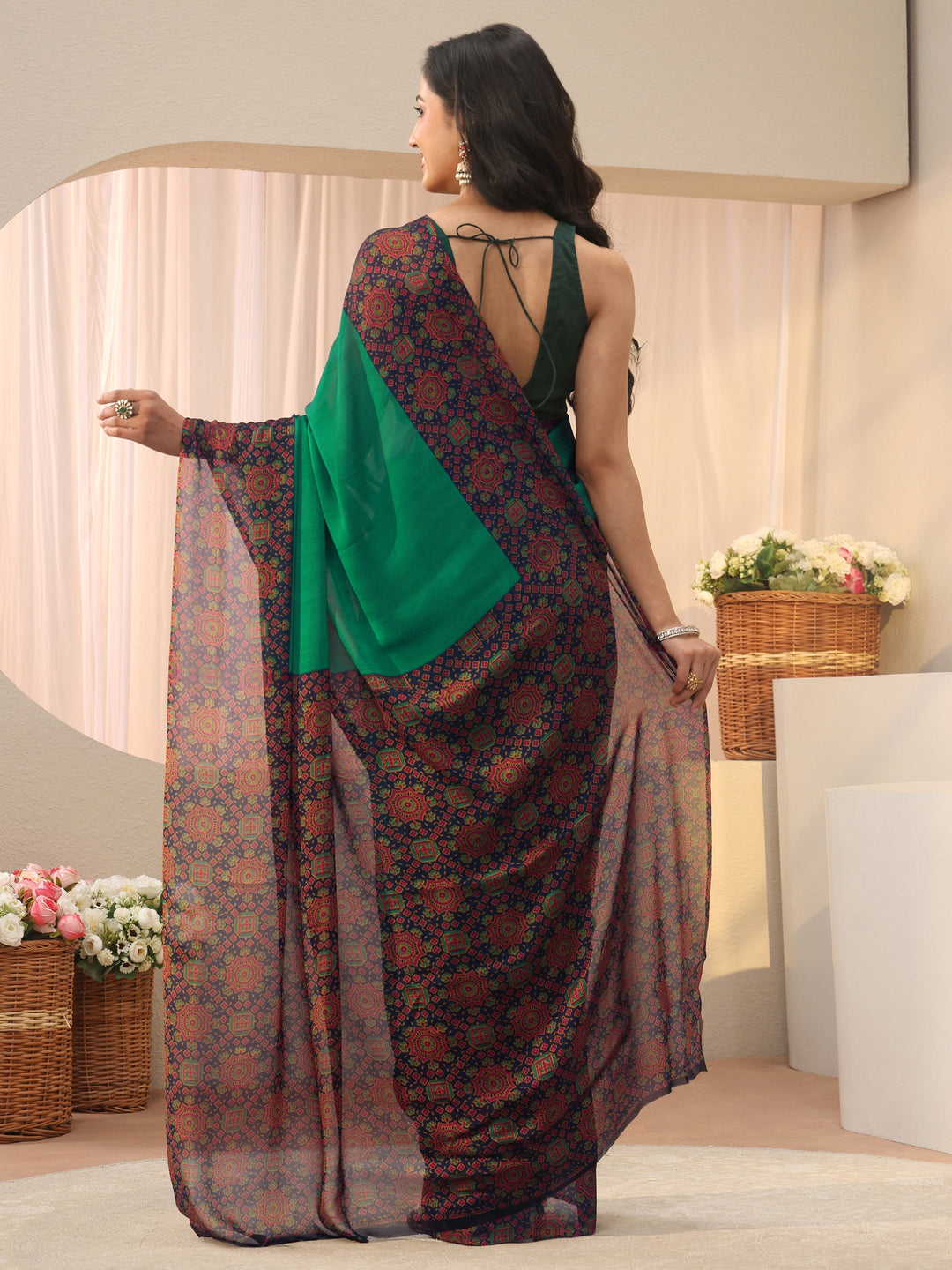 Green Chiffon Saree with Printed Border