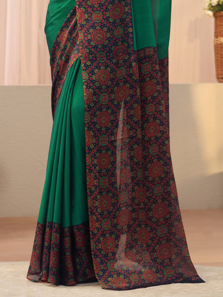 Green Chiffon Saree with Printed Border