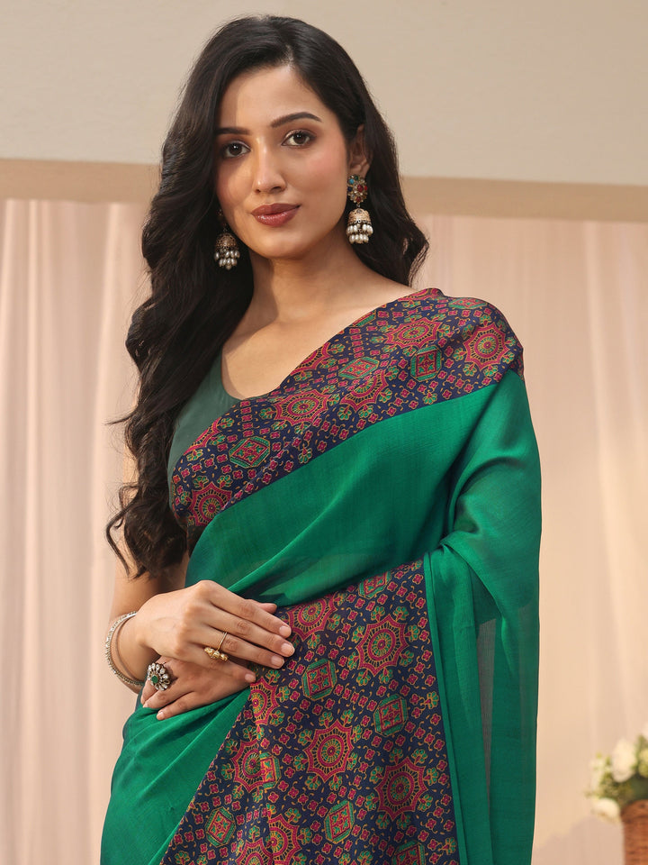 Green Chiffon Saree with Printed Border