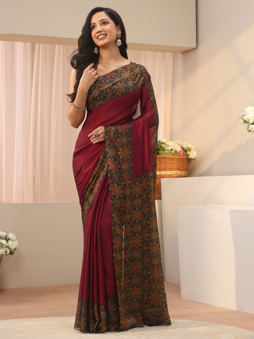 Libas Maroon Chiffon Saree with Printed Border