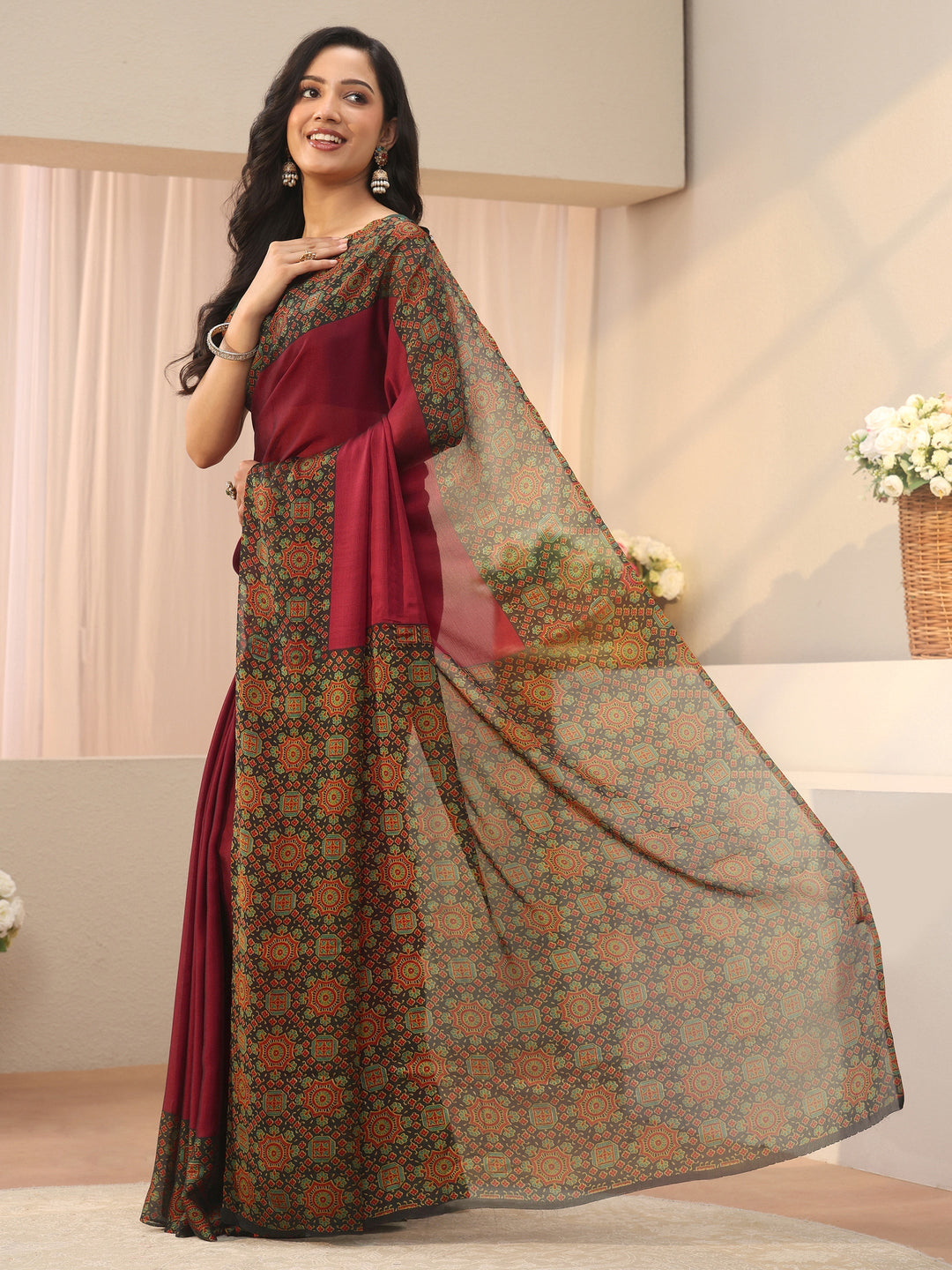 Libas Maroon Chiffon Saree with Printed Border