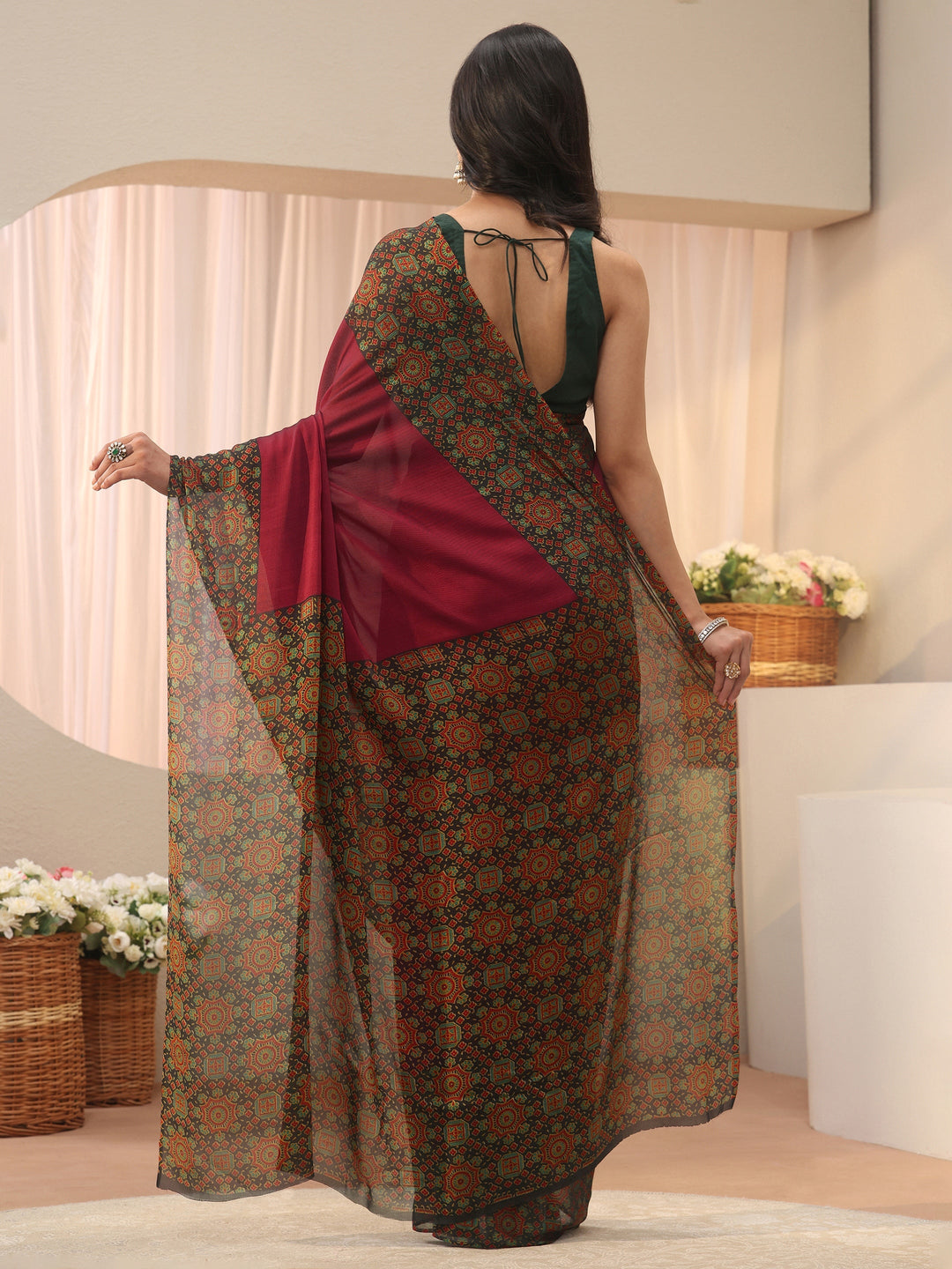 Libas Maroon Chiffon Saree with Printed Border