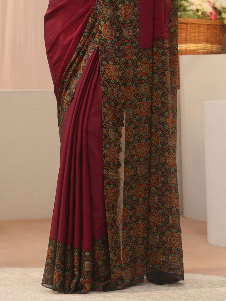 Libas Maroon Chiffon Saree with Printed Border