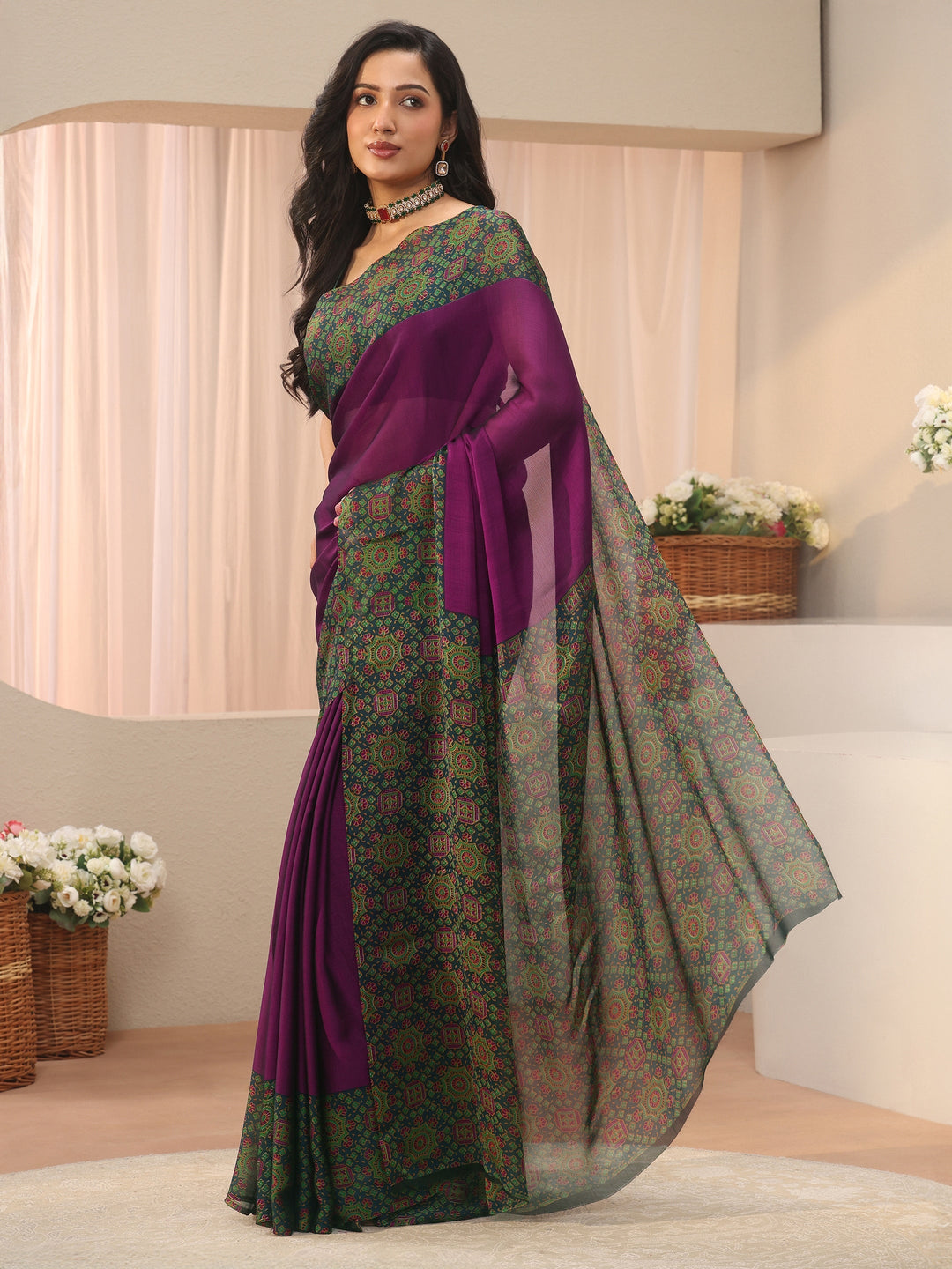 Libas Burgundy Chiffon Saree with Printed Border