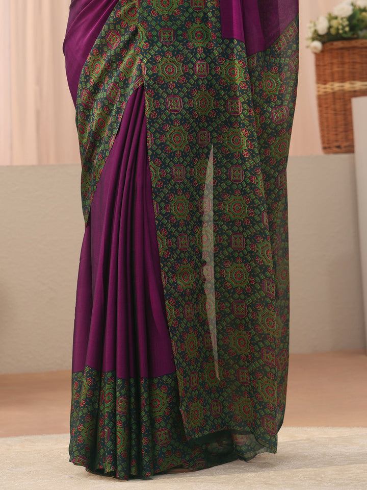 Libas Burgundy Chiffon Saree with Printed Border