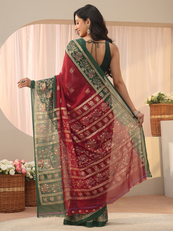 Red Ethnic Motif Printed Georgette Saree