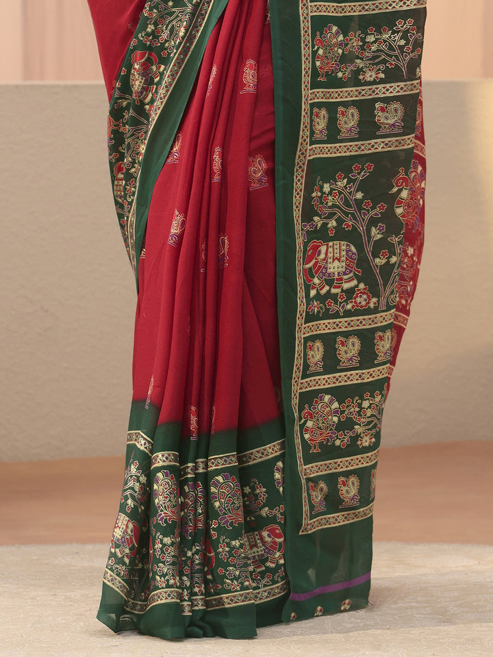 Red Ethnic Motif Printed Georgette Saree