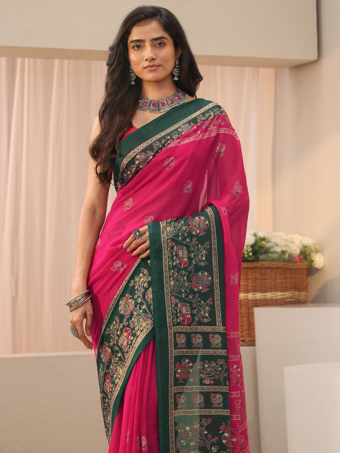 Pink Ethnic Motif Printed Georgette Saree