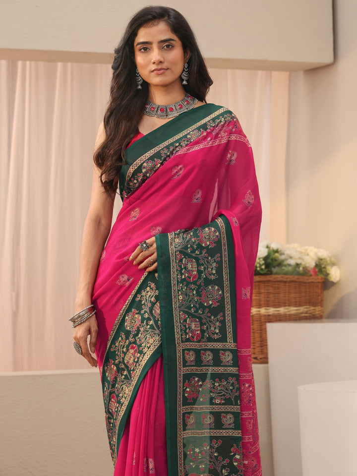 Pink Ethnic Motif Printed Georgette Saree