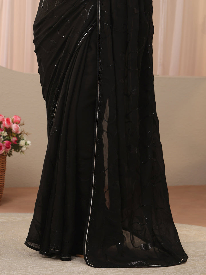 Black Floral Embroidered Chiffon Saree