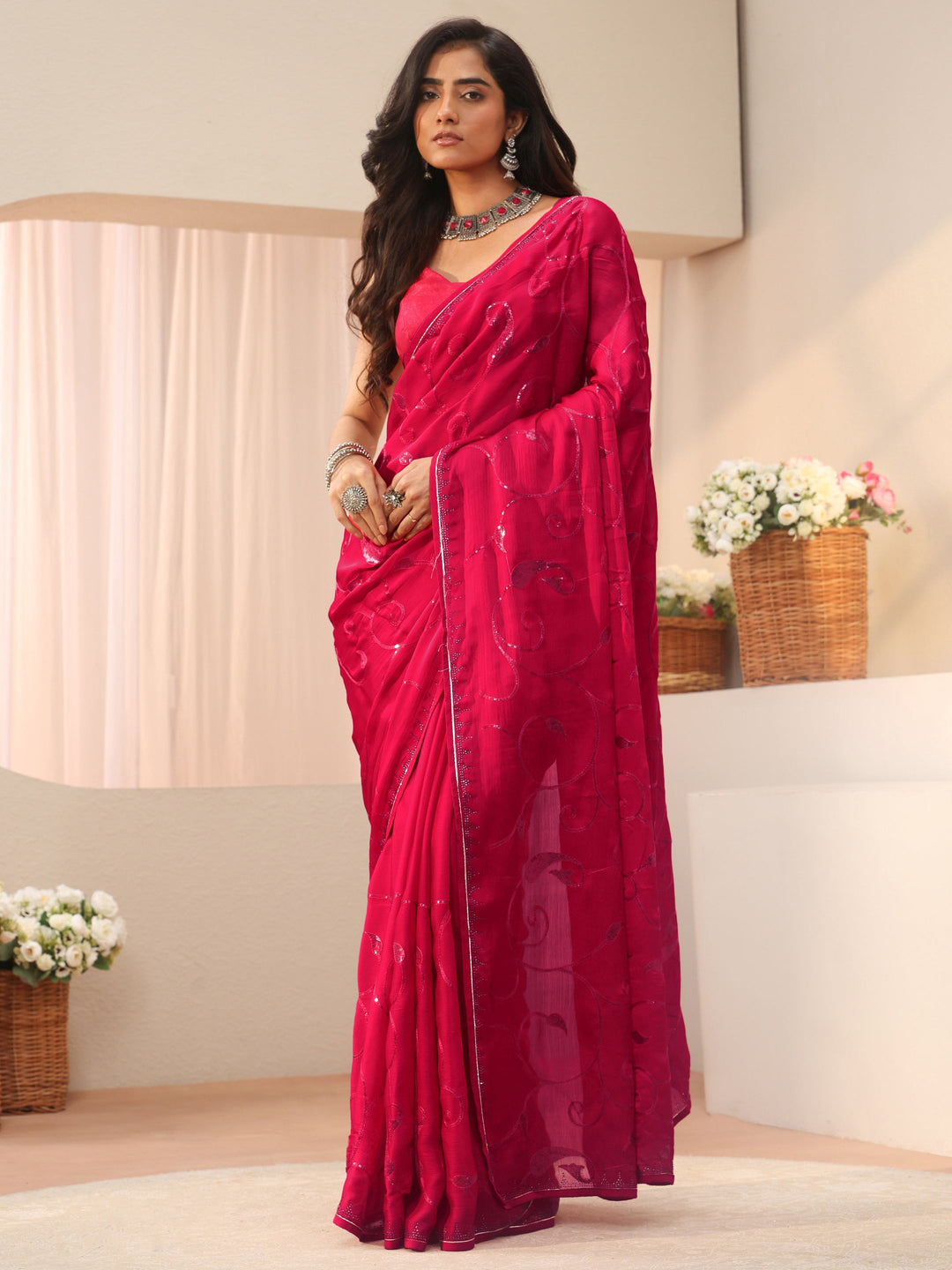 Red Floral Embroidered Chiffon Saree