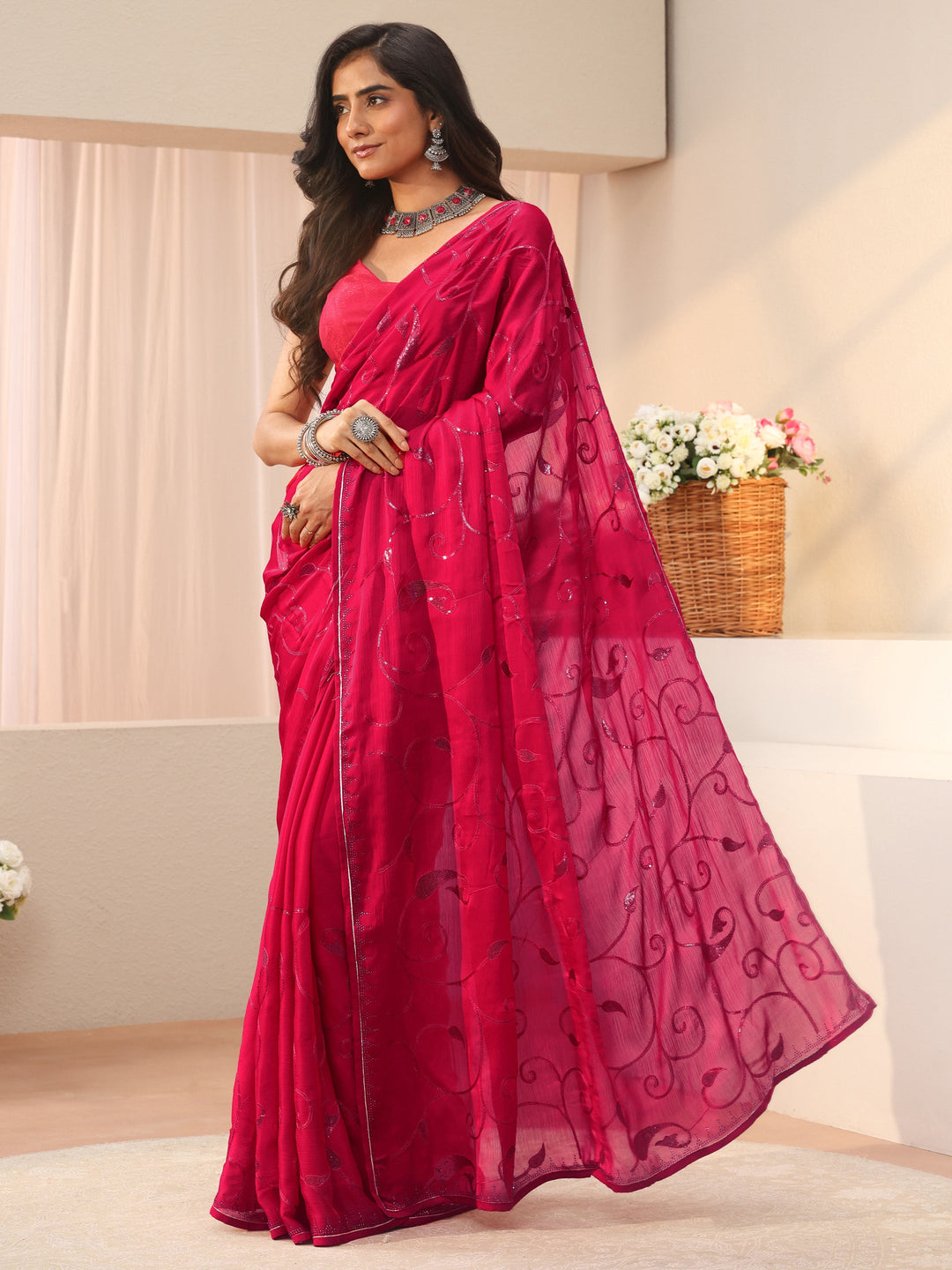 Red Floral Embroidered Chiffon Saree