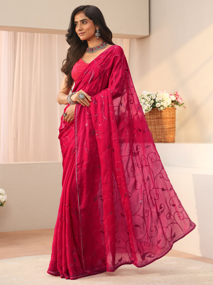 Red Floral Embroidered Chiffon Saree