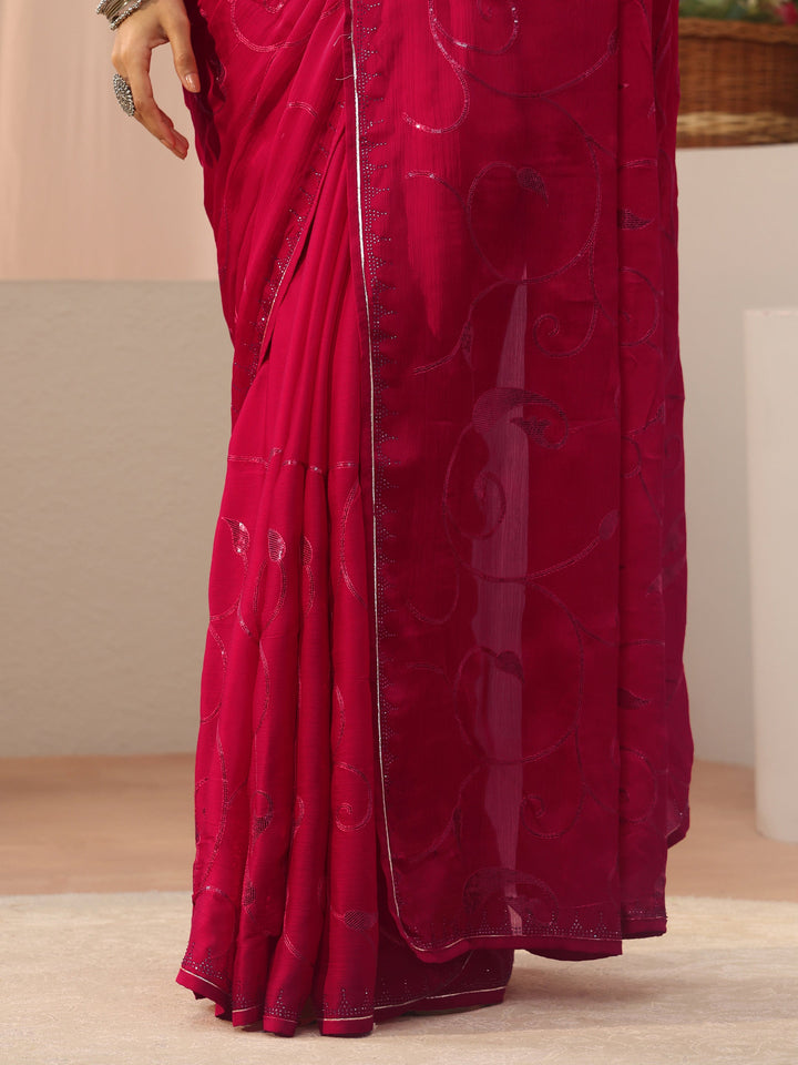 Red Floral Embroidered Chiffon Saree