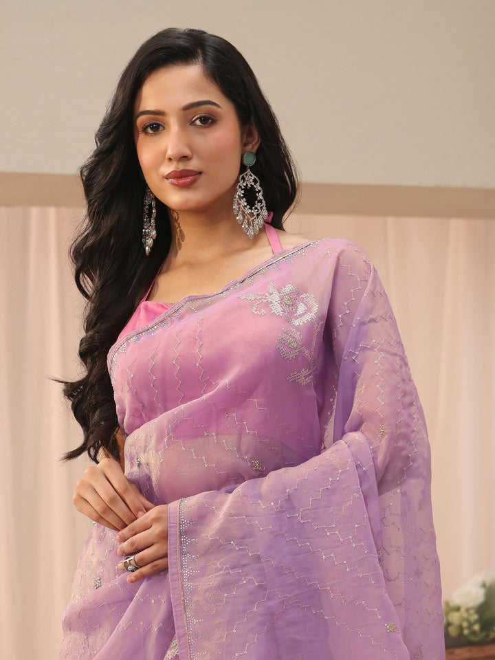 Lavender Ethnic Motif Embroidered Chiffon Saree