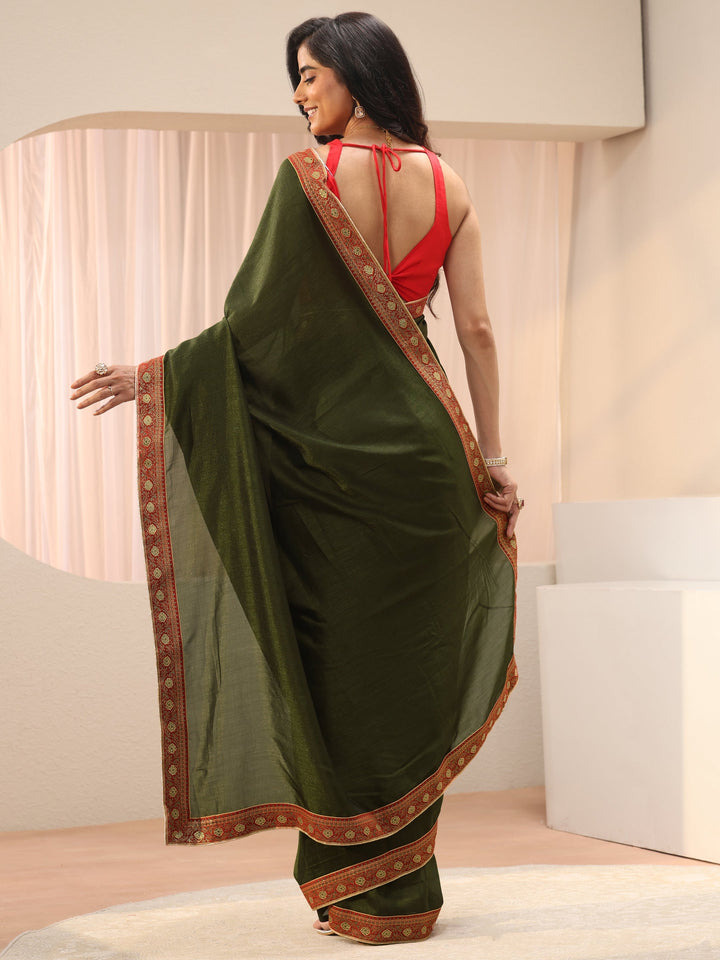 Green Solid Silk Blend Saree