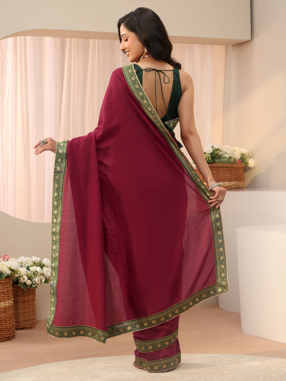 Maroon Solid Silk Blend Saree