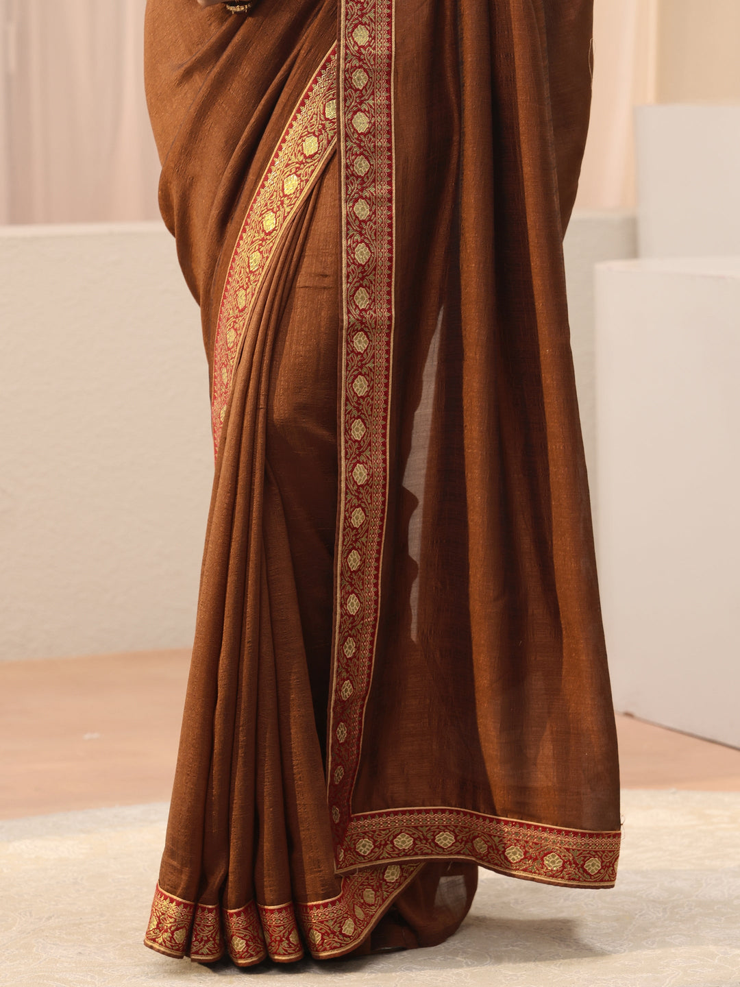 Brown Solid Silk Blend Saree