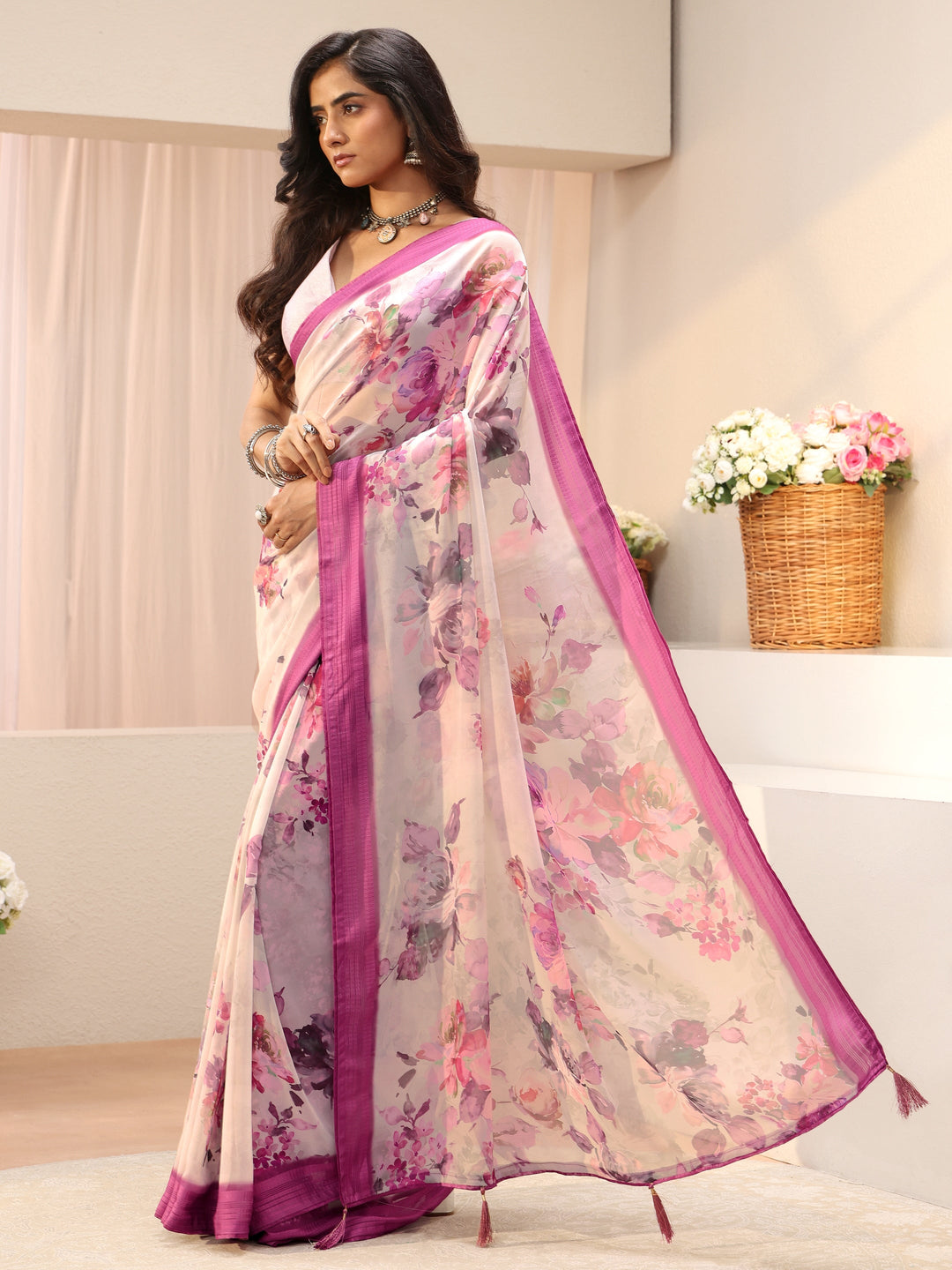 Libas Off White Floral Printed Georgette Tassel Saree