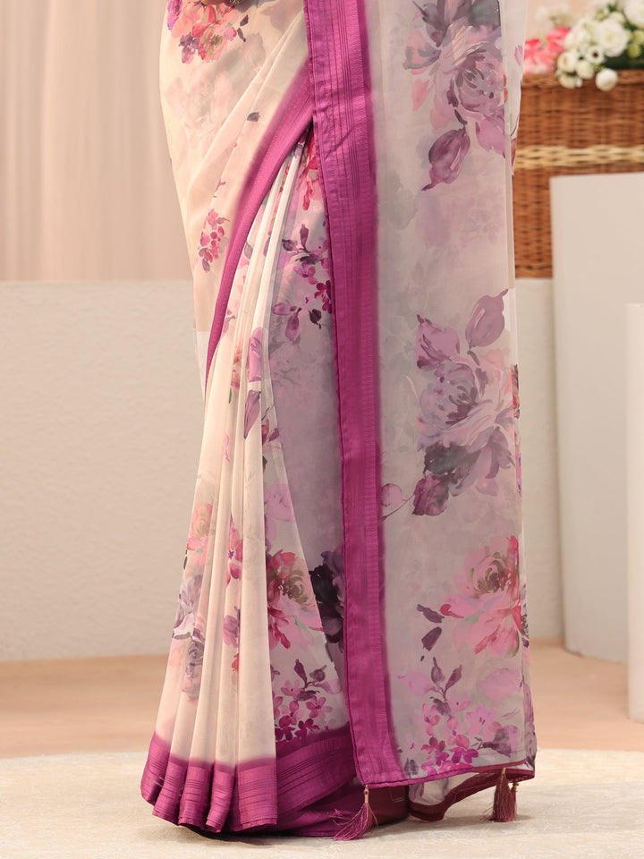 Libas Off White Floral Printed Georgette Tassel Saree