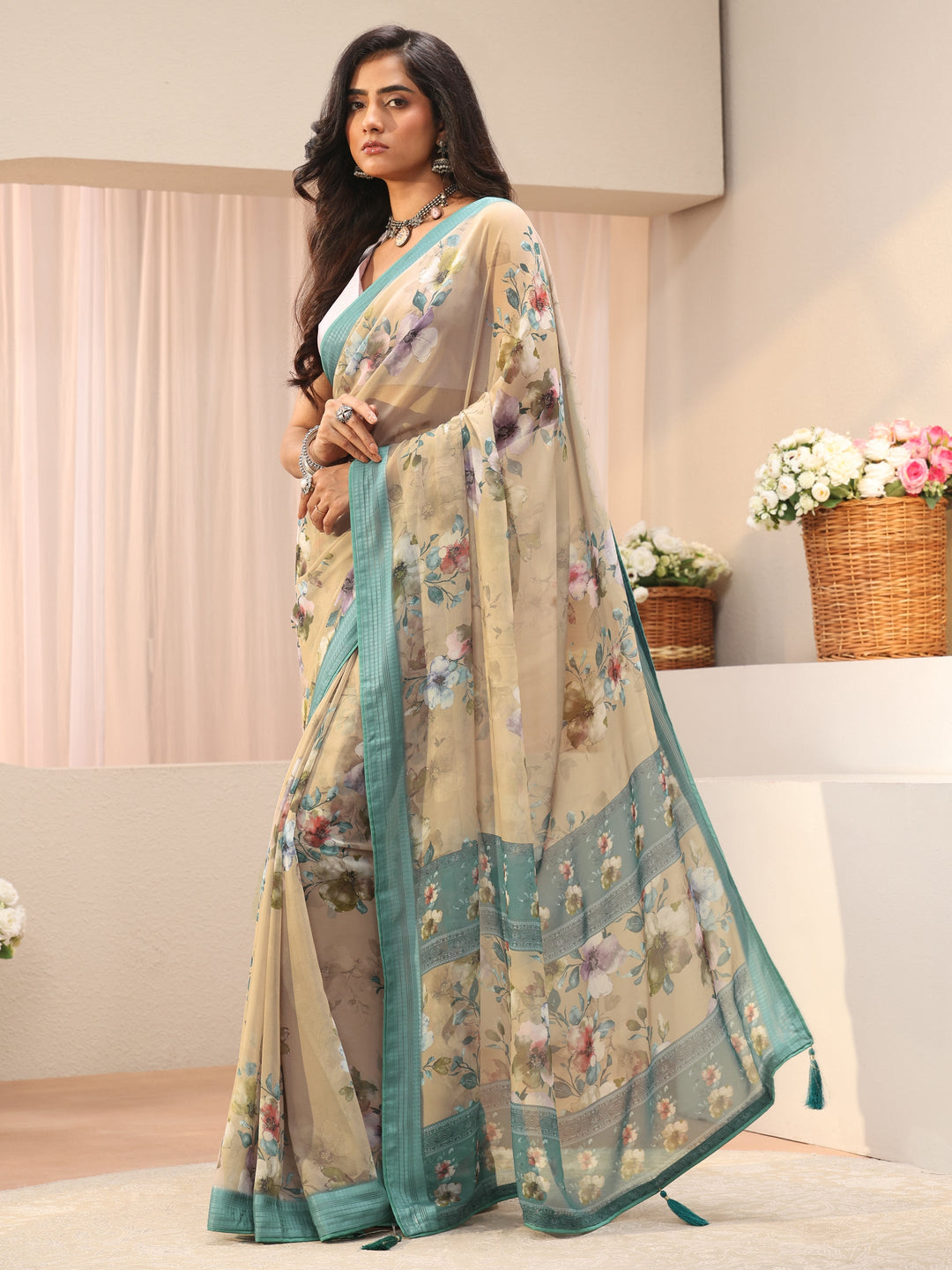 Beige Floral Printed Georgette Saree