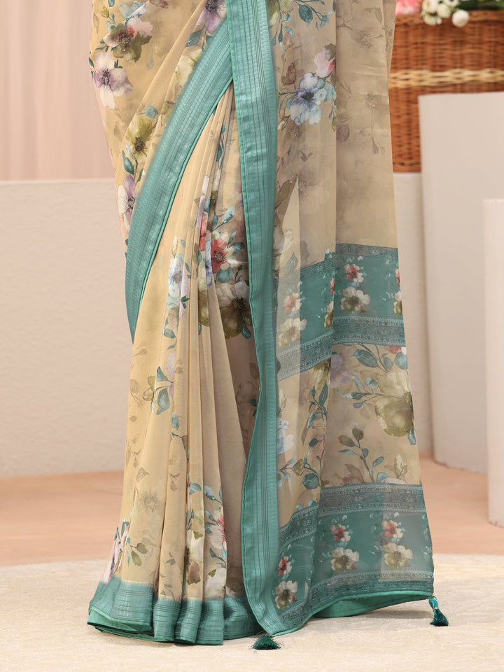 Beige Floral Printed Georgette Saree