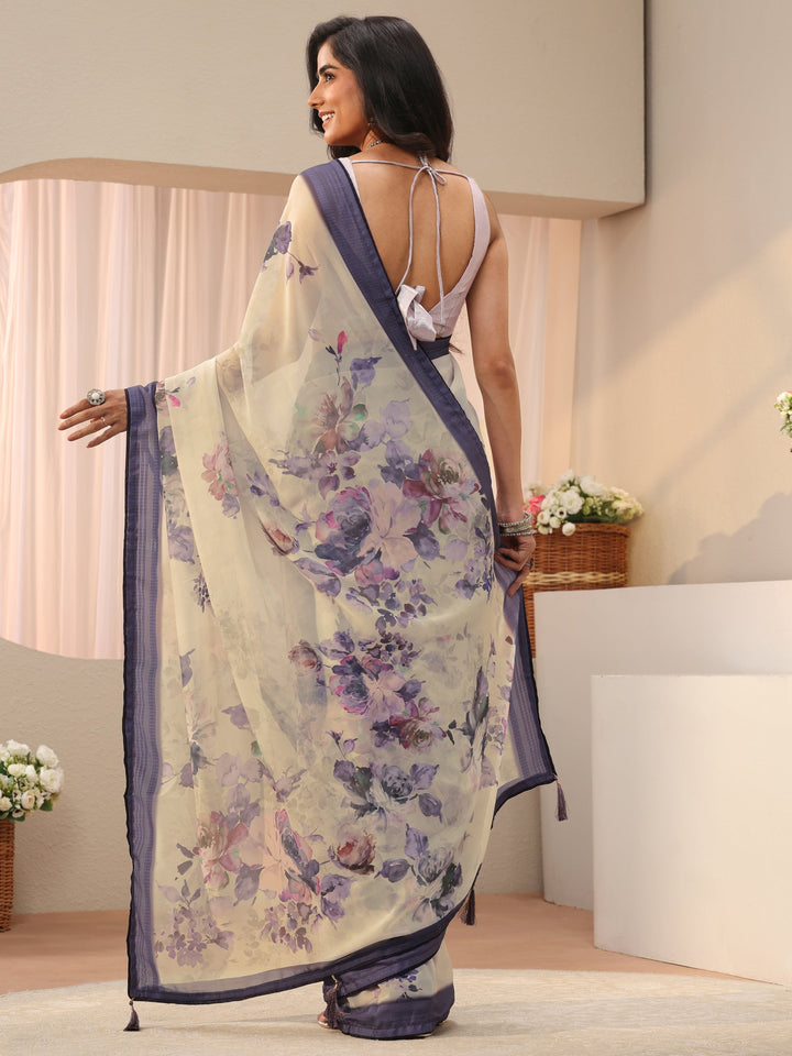 Off White Floral Printed Georgette Saree