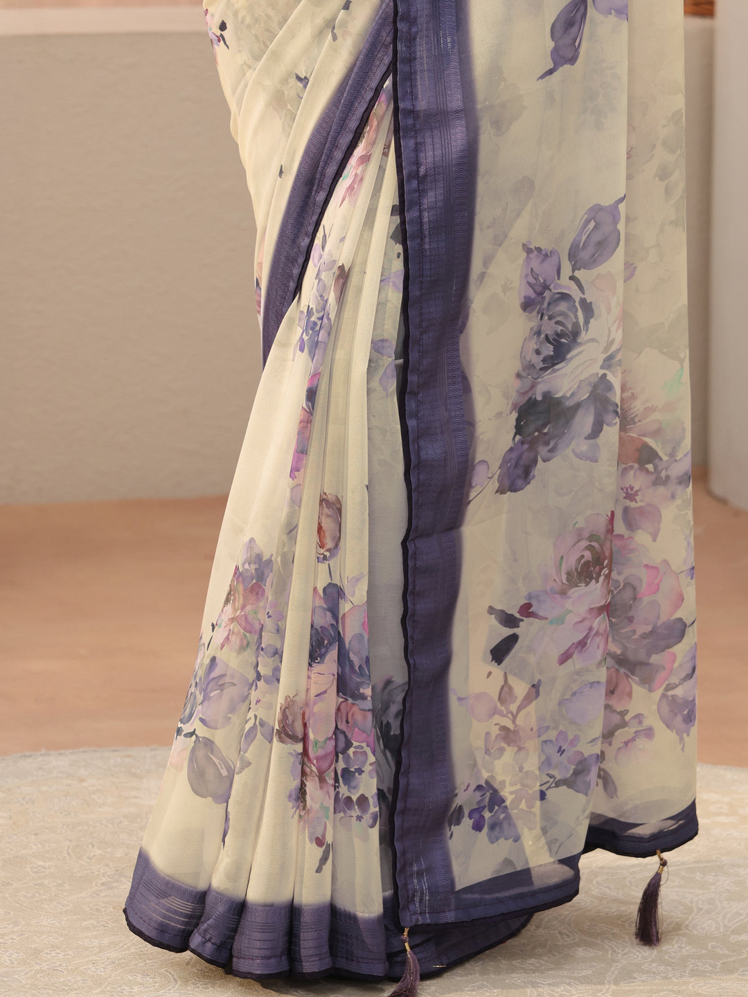 Off White Floral Printed Georgette Saree