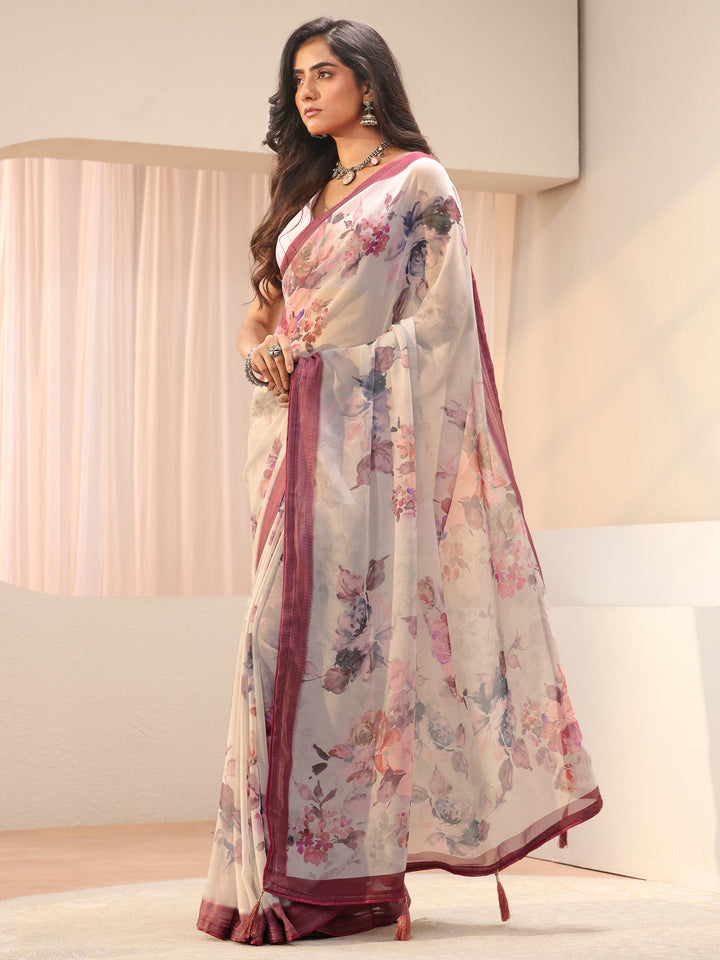 Libas Off White Floral Printed Georgette Saree