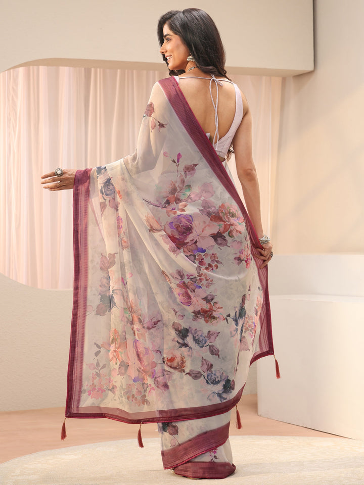 Libas Off White Floral Printed Georgette Saree