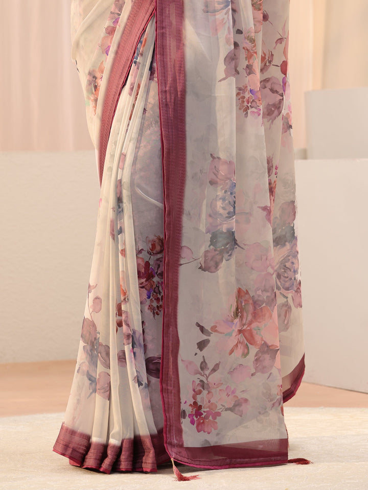 Libas Off White Floral Printed Georgette Saree