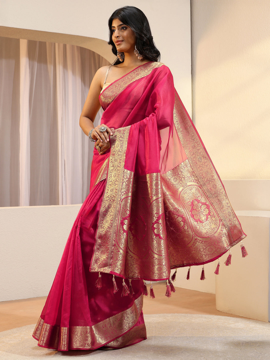 Libas Pink Silk Blend Tassel Saree