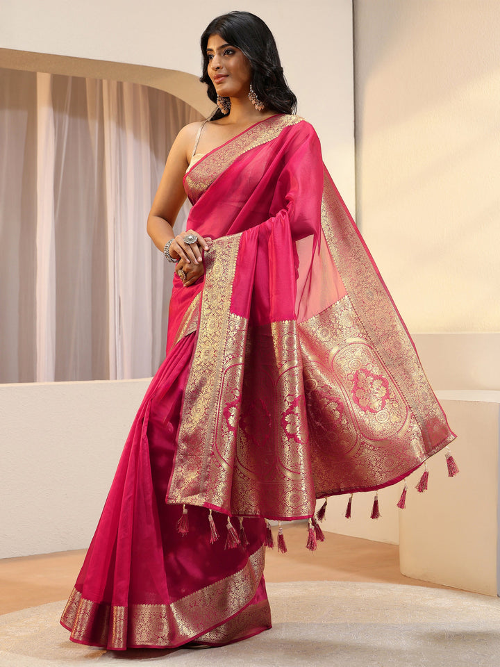 Libas Pink Silk Blend Tassel Saree